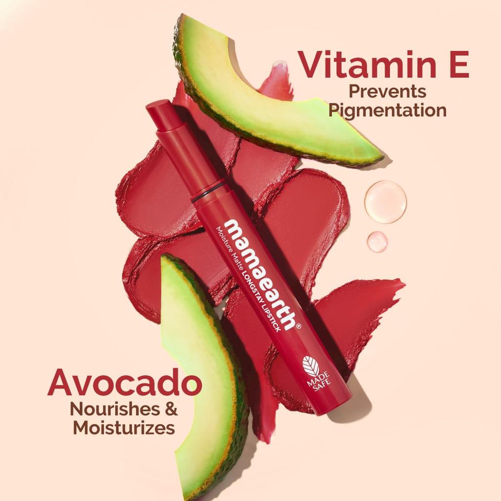 Mamaearth Moisture Matte Longstay Lipstick Raspberry Scarlet 2 Gm Pack of 1 Full Coverage Smudge Proof