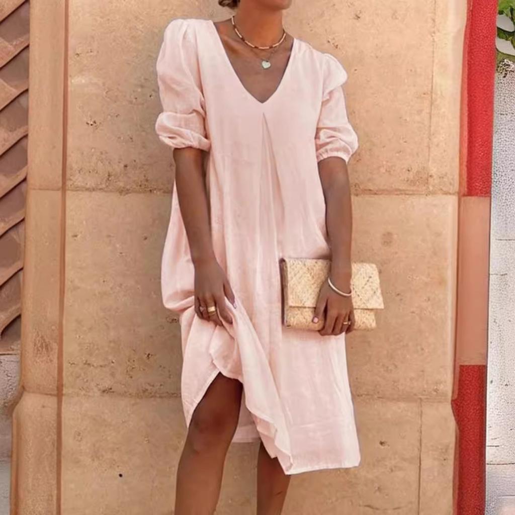 Women's V Neck Three Quarter Sleeve Loose Linen Midi Dress Casual Summer Tunic Dress