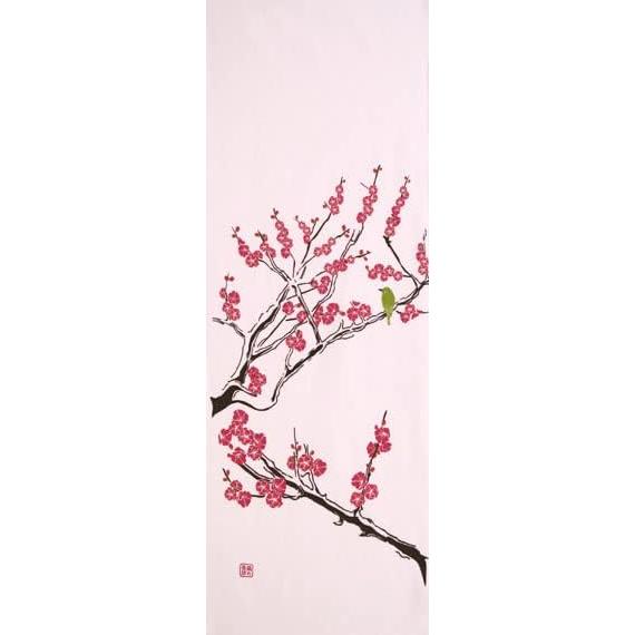 Somen Anbo Tenugui  Plum Blossoms and Nightingale, Crimson Plum  Hand-dyed 100% Cotton Tokka Made in Japan 35cm x 100cm Hanging Scroll Stick Kendo