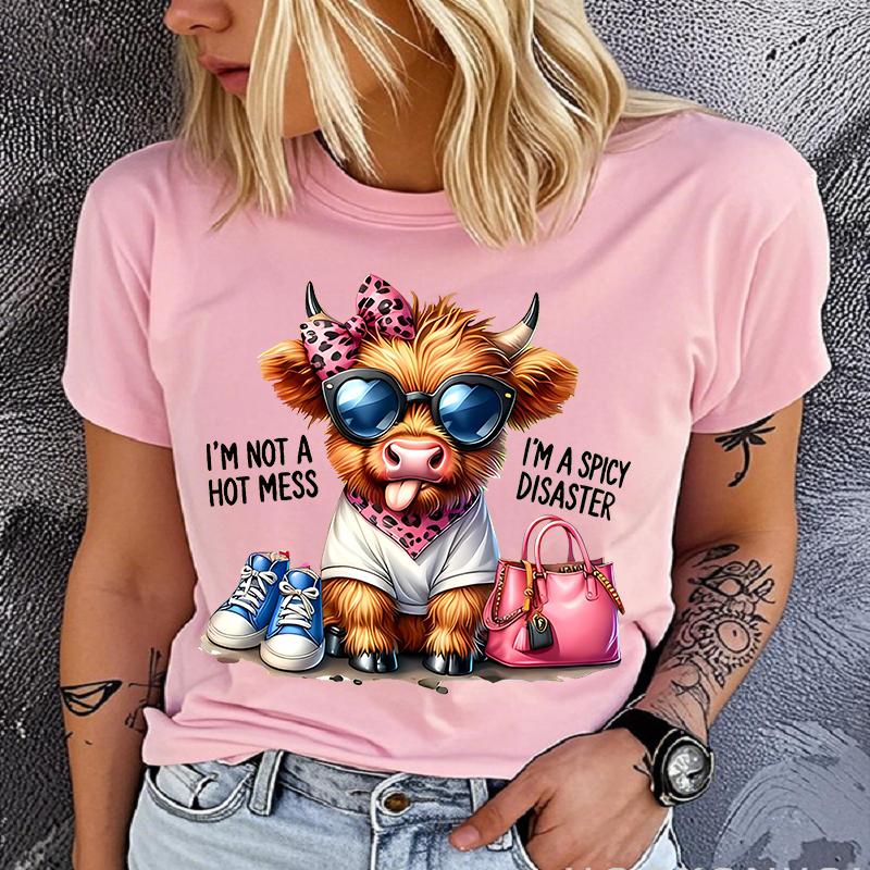 Polyester 100% Couple's Funland Cow Pattern T-shirt Print Fashion Casual Round Neck Short Sleeve Top for Stylish Comfort  Summer