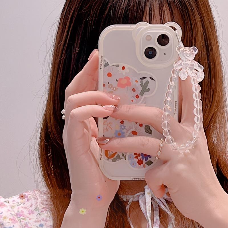 2025 New Transparent Phone Case with Bear Ears & Floral Design