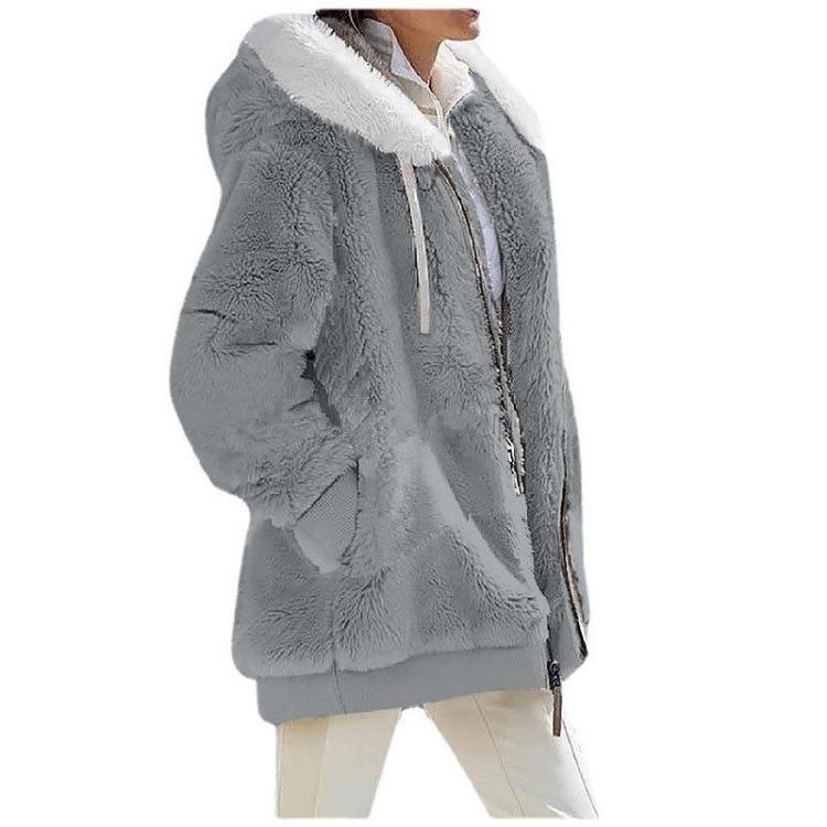 Giacca Casual da Donna in Pile con Cappuccio Cappotto Monocolore Caldo Cappotti in Cashmere Giacca con Zip Moda Abbigliamento Donna Autunno Inverno