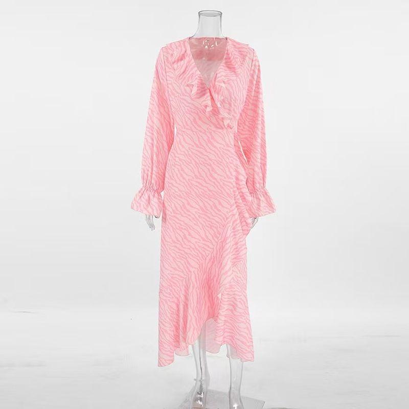 

New Russian Temperament Frill V-neck Bell Sleeve Dress Lotus Leaf V-neck Dress Printed S