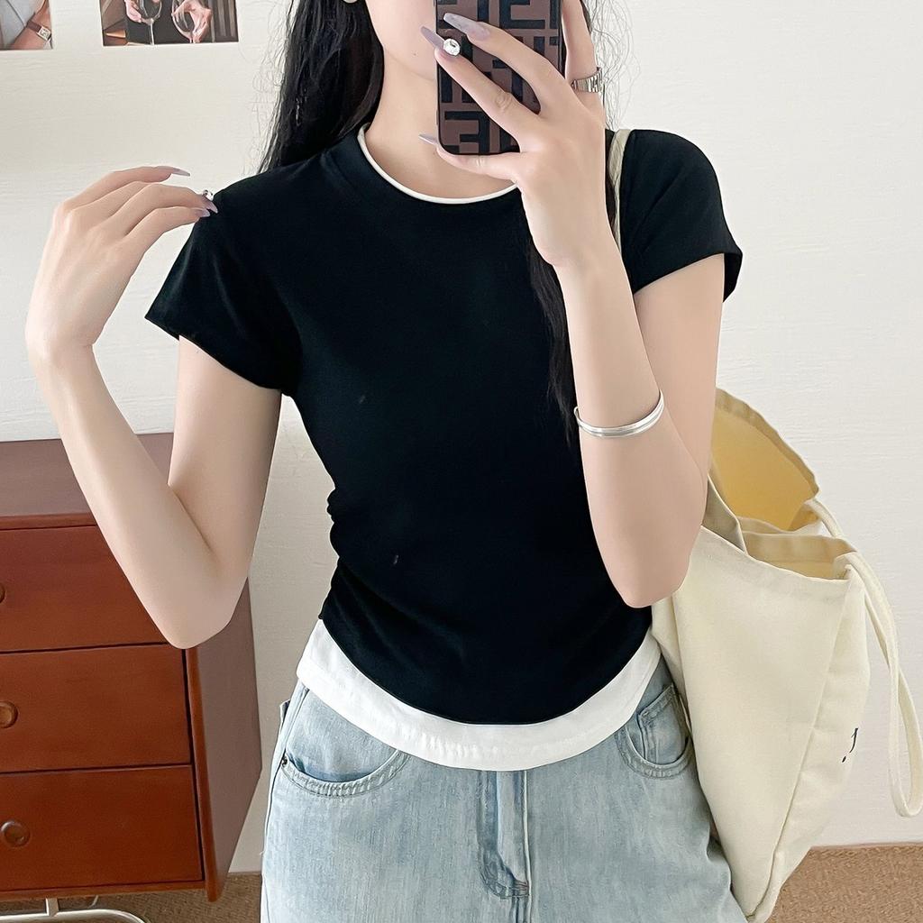 Contrasting Round Neck Straight Shoulder Fake Two-piece Short-sleeved T-shirt for Women In Spring and Summer Pleated Waist-hugging Short Top