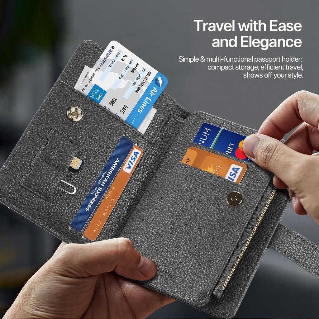 OWLGuardian Passport Large Bifold Slim RFID AirTag Passport Storage Zippered Coin and Detachable Adjustable Neck Perfect for International Business