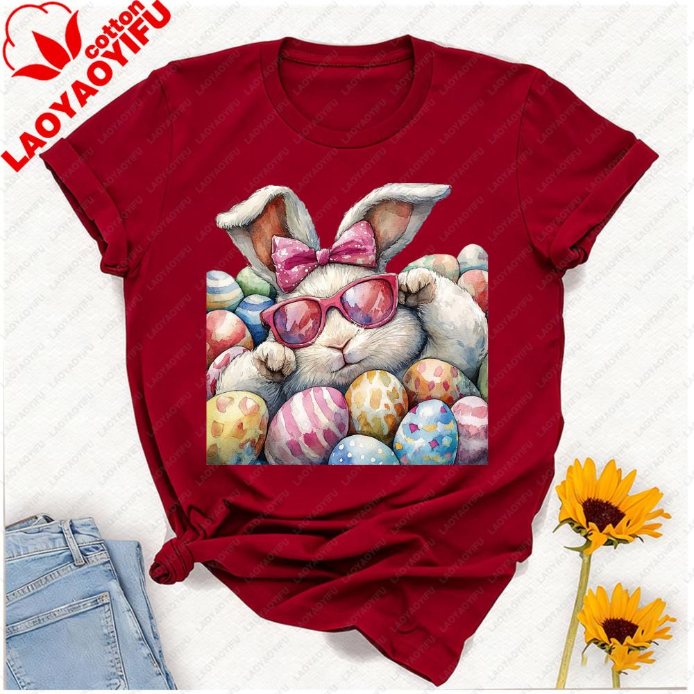 Cozy Easter Bunny Tshirt Watercolor Rabbit In Sunglasses Bow With Colorful Eggs Graphic Relaxed Playful Festive Casual Tshirt