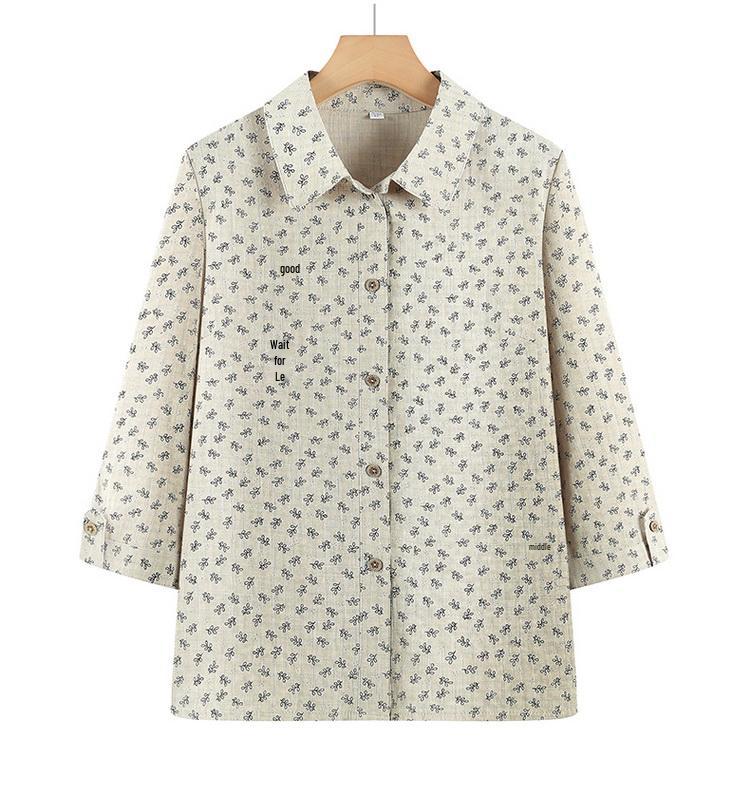 

2026 Pure Cotton Floral Shirt for Middle-aged & Elderly Women: 3/4 Sleeve, Loose Fit, Plus Size Top for Moms & Grandmas. 4XL (130-145 Jin)