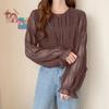 [SYitong] Shirt Blouse, Gathered Shirring Long Sleeve Chiffon Blouse, Lined, Sheer Sleeves, Lightweight Look, Frilled Shirt, Slimming Effect, Figure-F