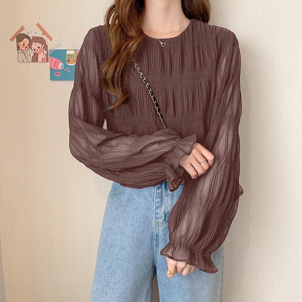 [SYitong] Shirt Blouse, Gathered Shirring Long Sleeve Chiffon Blouse, Lined, Sheer Sleeves, Lightweight Look, Frilled Shirt, Slimming Effect, Figure-F