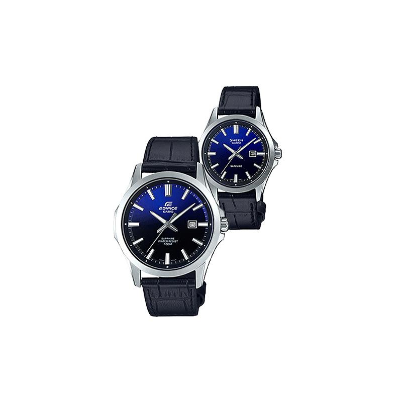 

Casio watch series - round simple sapphire dial couple watch, quartz movement, leather strap, Japanese and Korean watch, same EFB-106L-2ASHE-4542L-2A синий
