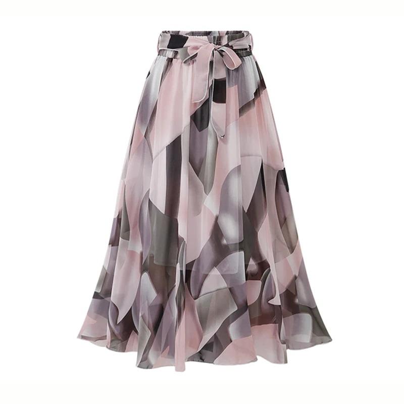 

Summer Print Floral Skirts Women Casual Loose Elastic Waist Plus Size Skirt Belt A Line Beach Saias Midi S темно-синий