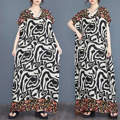 Verano Nuevo Suelto Algodón Seda Estampado Bohemio Vestido Túnica Cuello en V Túnica Mujer