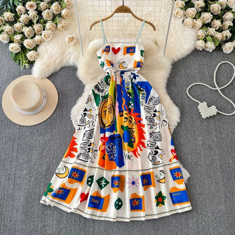 

Retro Ethnic Style Oil Painting Graffiti Printing Tube Top Suspender Skirt Summer Fancy Loose Sleeveless A- line Dress White S