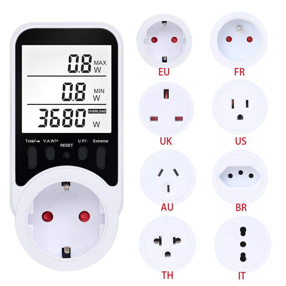 AC Power Meter Socket Electric Energy Monitor LCD Display Electricity Billing Plug KWH Voltage Current Tester Overload Protector