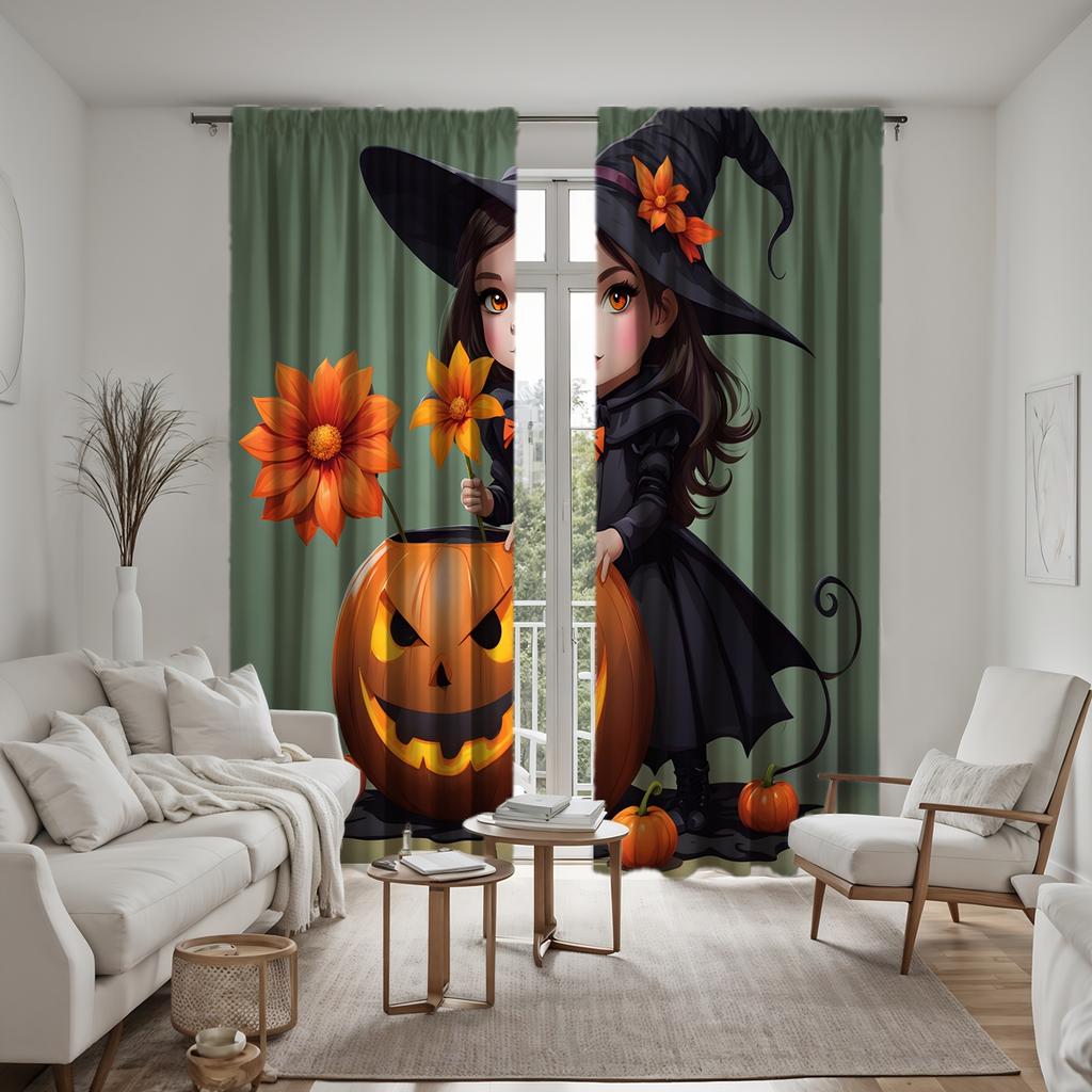 2pcs Set HD Halloween with Jack-o '-lantern Flower Witch Curtain Green Tie Digital Printed Curtain Home Decoration Style Deco