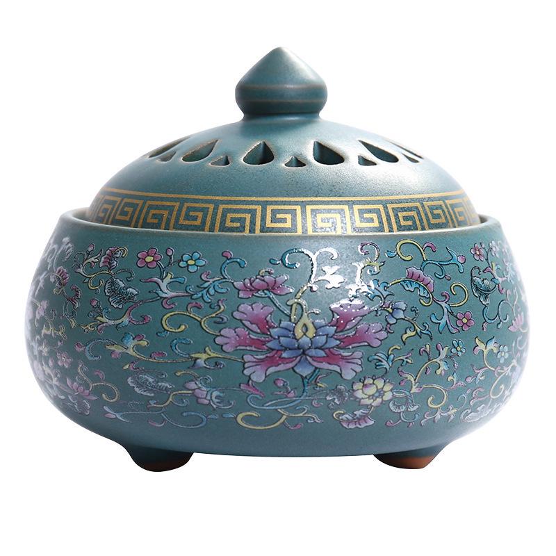 Enamel Lotus Pattern Ceramic Incense Burner for Home Use