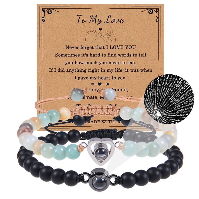 Bracciale con proiezione "Ti amo" in 100 lingue con pietra naturale smerigliata e turchese bianco per coppie