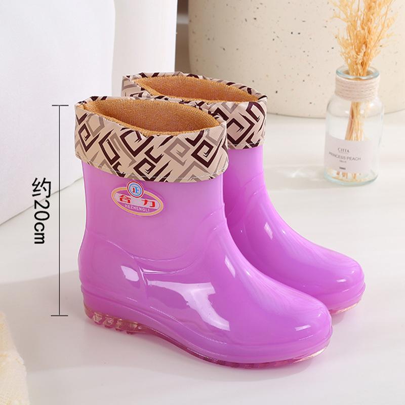 Fashion Rain Shoes Women's Non-slip Rain Boots Adult Water Boots Medium Tube Transparent Water Shoes Women's Warm Velvet Rubber Shoes Overshoes Winter