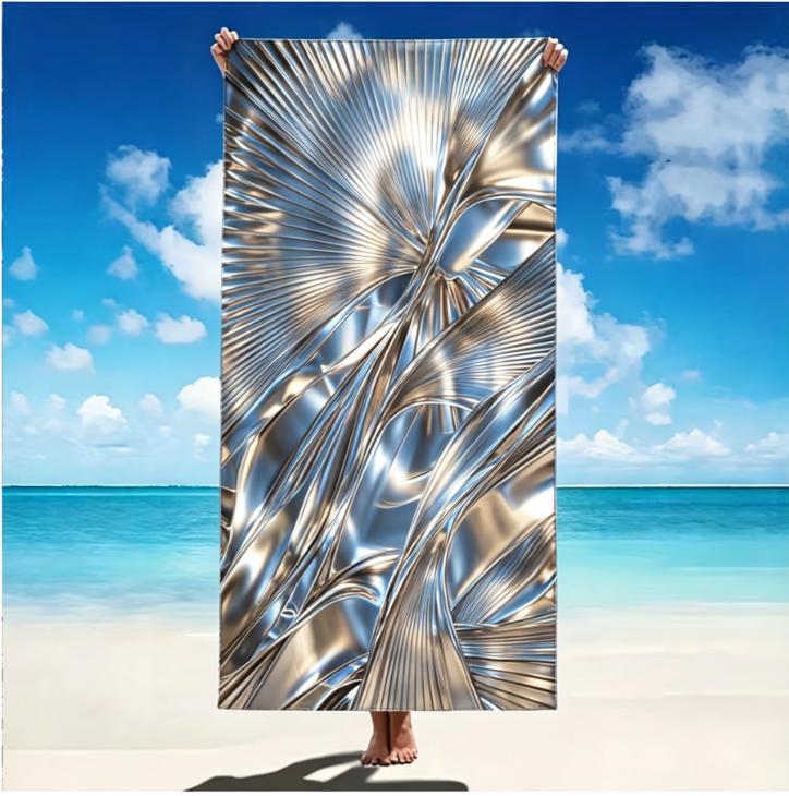 Large Microfiber Beach Towel, Black Silver Abstract Fan Leaf Print, Sand Free & Quick Dry, for Modern Summer Use