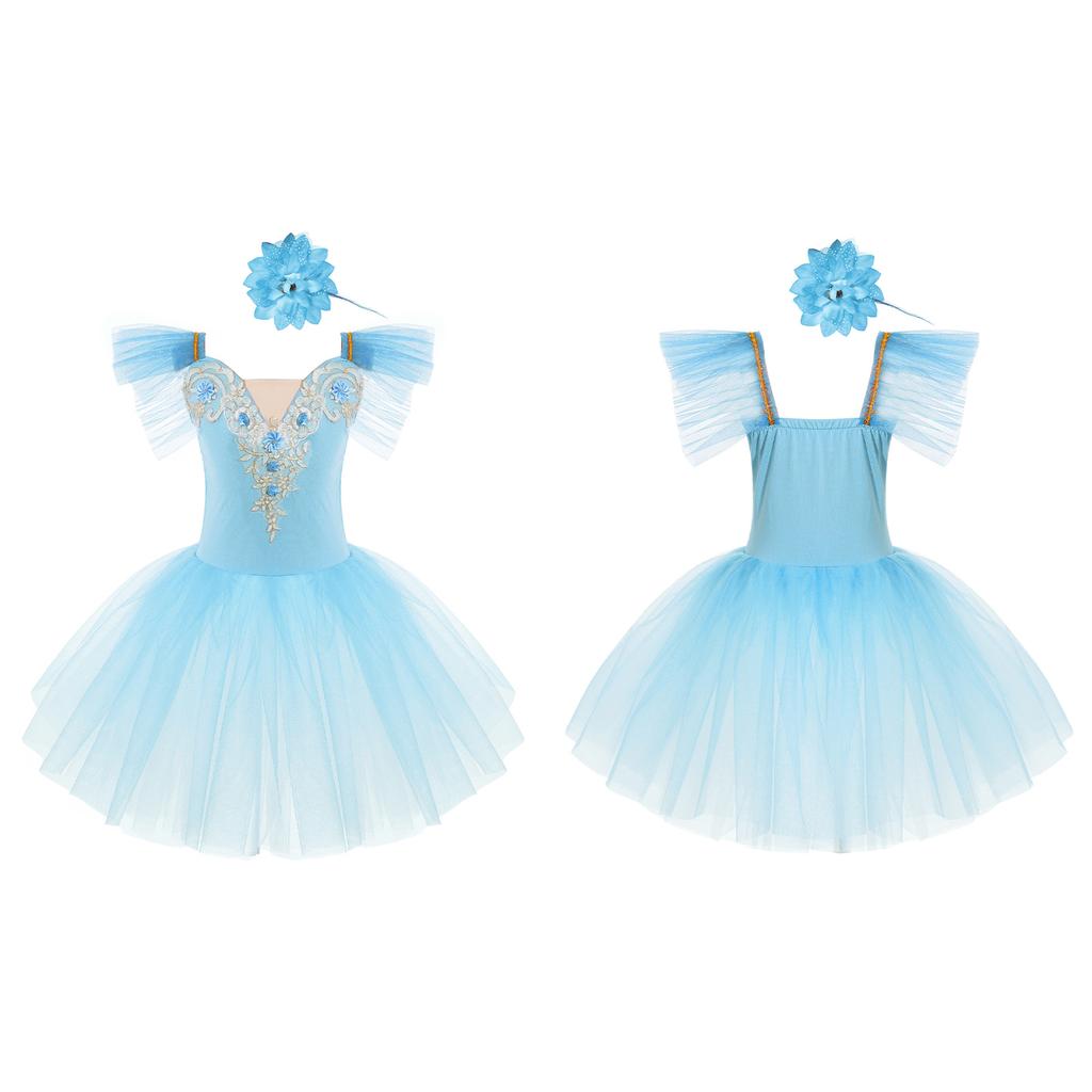 Girls Princess Tutu Dress with Flying Sleeves & Lace Flower Decor, Adjustable Spaghetti Straps, Mesh Skirt + Headdress for Dance Party