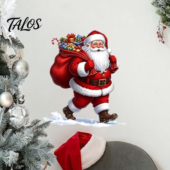 Seasonal Home Decorations Christmas Wall Stickers, Cartoon Santa Claus Carrying Bag Decal, Peel And Stick Vivid Patterns Full of Gifts DIY Murals Art