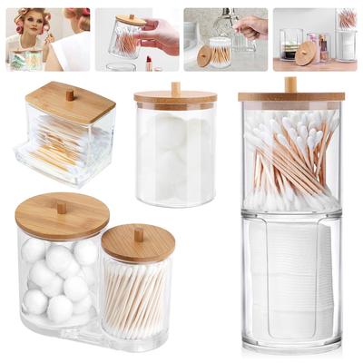 Acryl Make-up Watjes Organizer Badkamer Opbergdoos Voor Wattenstaafjes Cosmetica Sieradendoos Container met Bamboe Deksel Transparant