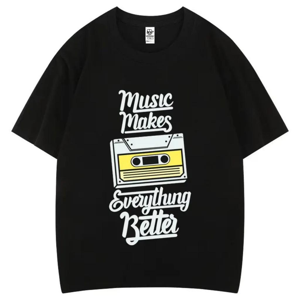 Classic Music Quote Print T Shirt Vintage Music Makes Everything Better Cotton Shirt Short Sleeve Fashion Casual Tops