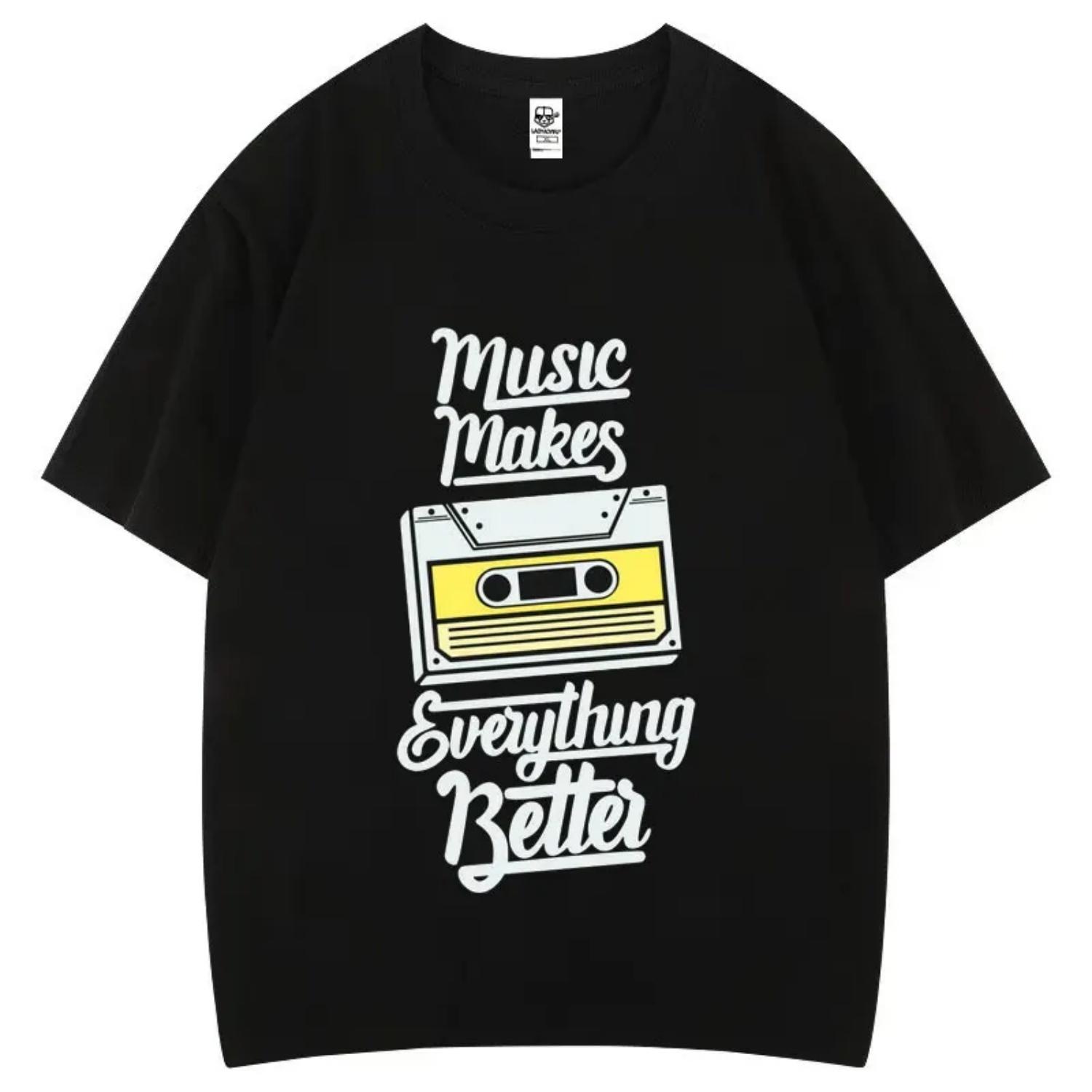 

Classic Music Quote Print T Shirt Vintage Music Makes Everything Better Cotton Shirt Short Sleeve Fashion Casual Tops S чёрный