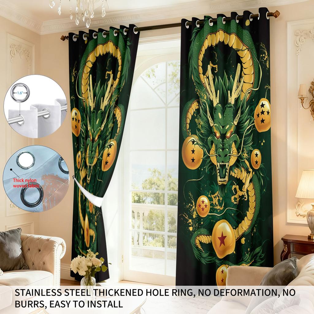 Set Of 2 Cartoon Green Dragon Animal Print Perforated Curtains Available Multiple Sizes Living Room Insulation Decoration Curtain Darkening For