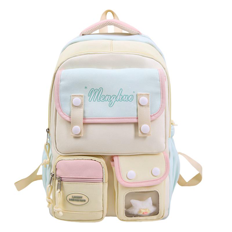 Cute Korean Style Color Block Backpack, Large Capacity for Junior & High School Girls, Laptop Compatible