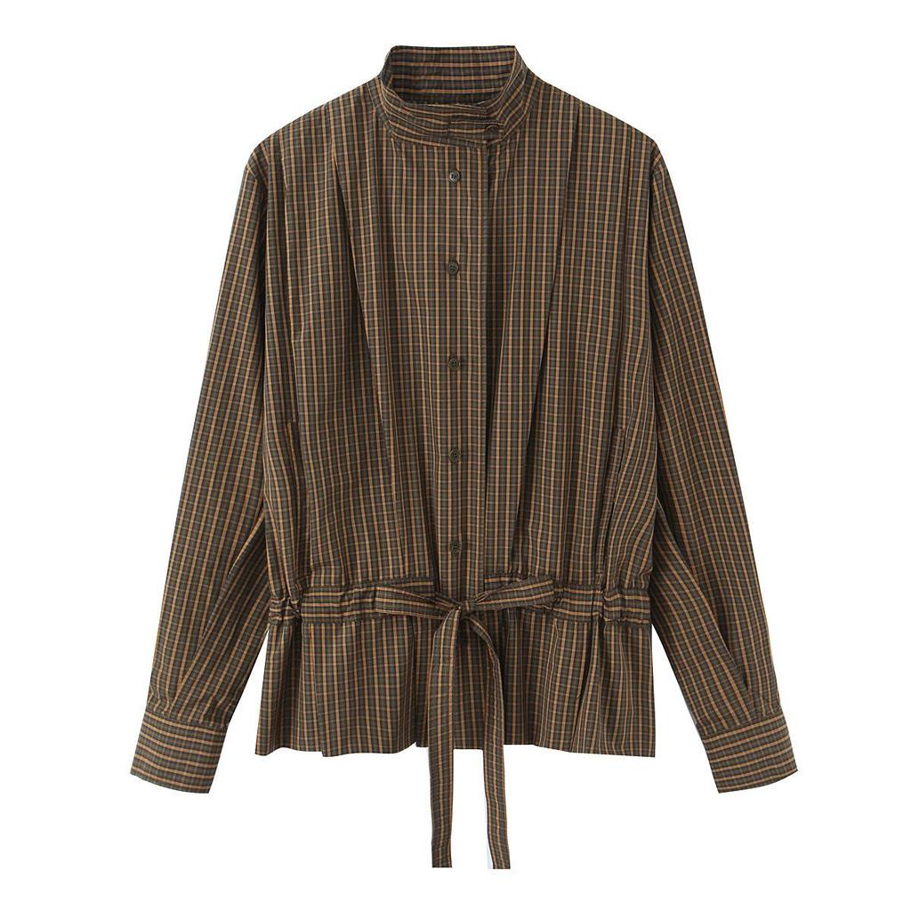 TAOP&ZA Women's 2026 Spring Bow Collar Plaid Cotton Shirt, ZW Series