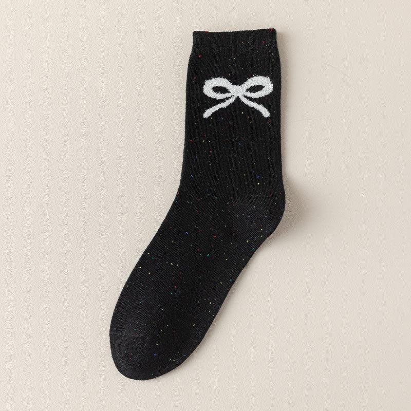 

Женские летние тонкие милые универсальные носки из хлопка средней длины с бантом и точками 1 pair чёрный