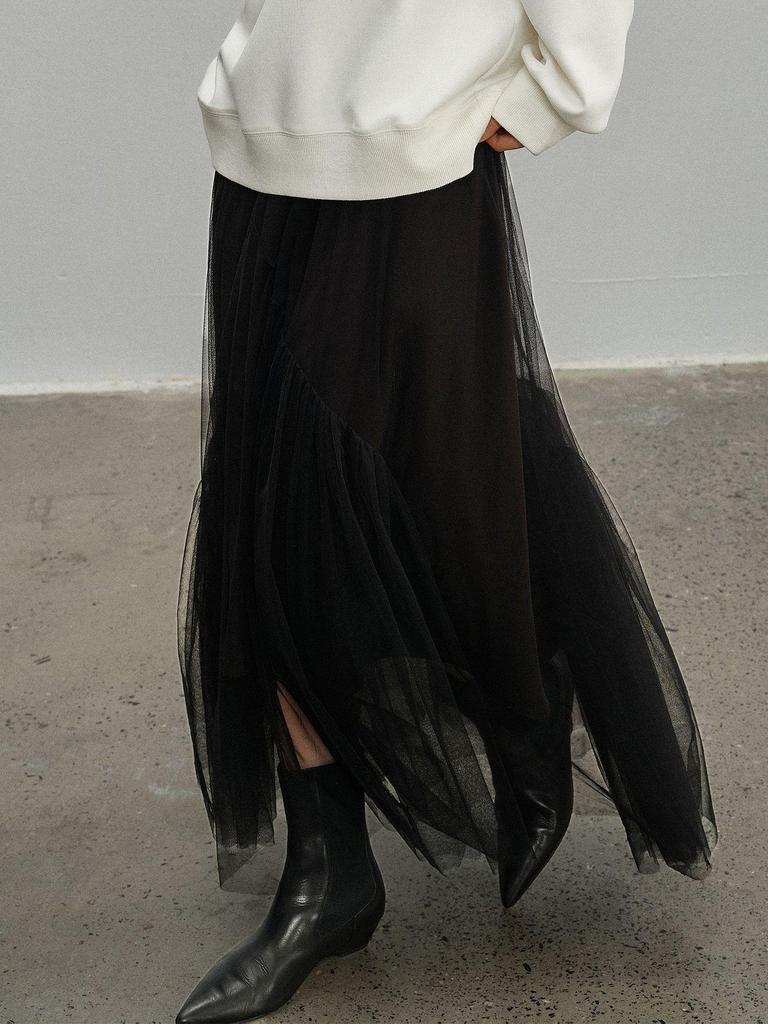 Spring 2026 Elegant Flowing Gauze A-line Midi Skirt - Lightweight, Dark, and Comfortable (81155)
