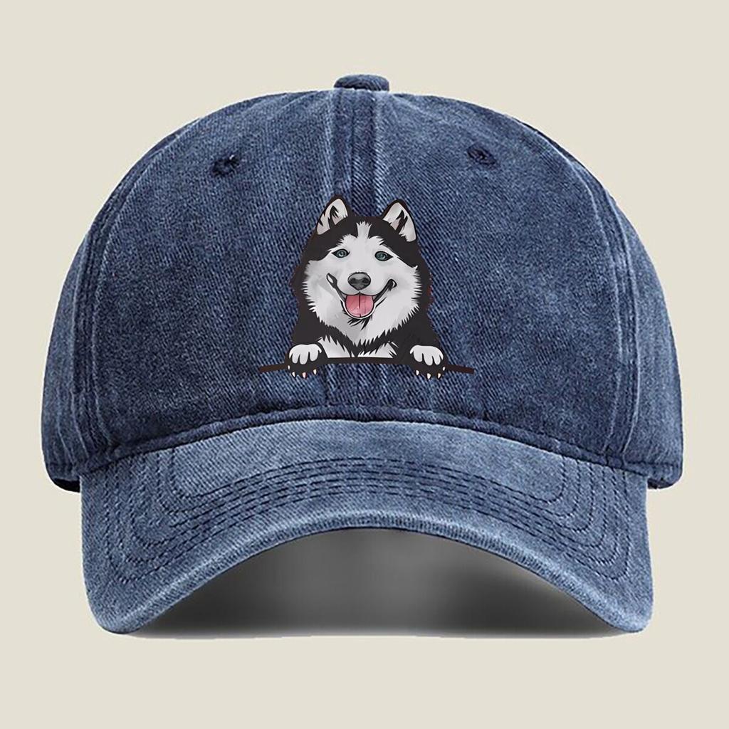 Happy Husky Portrait Fashion Washed Baseball Cap Hat Outdoor Activities