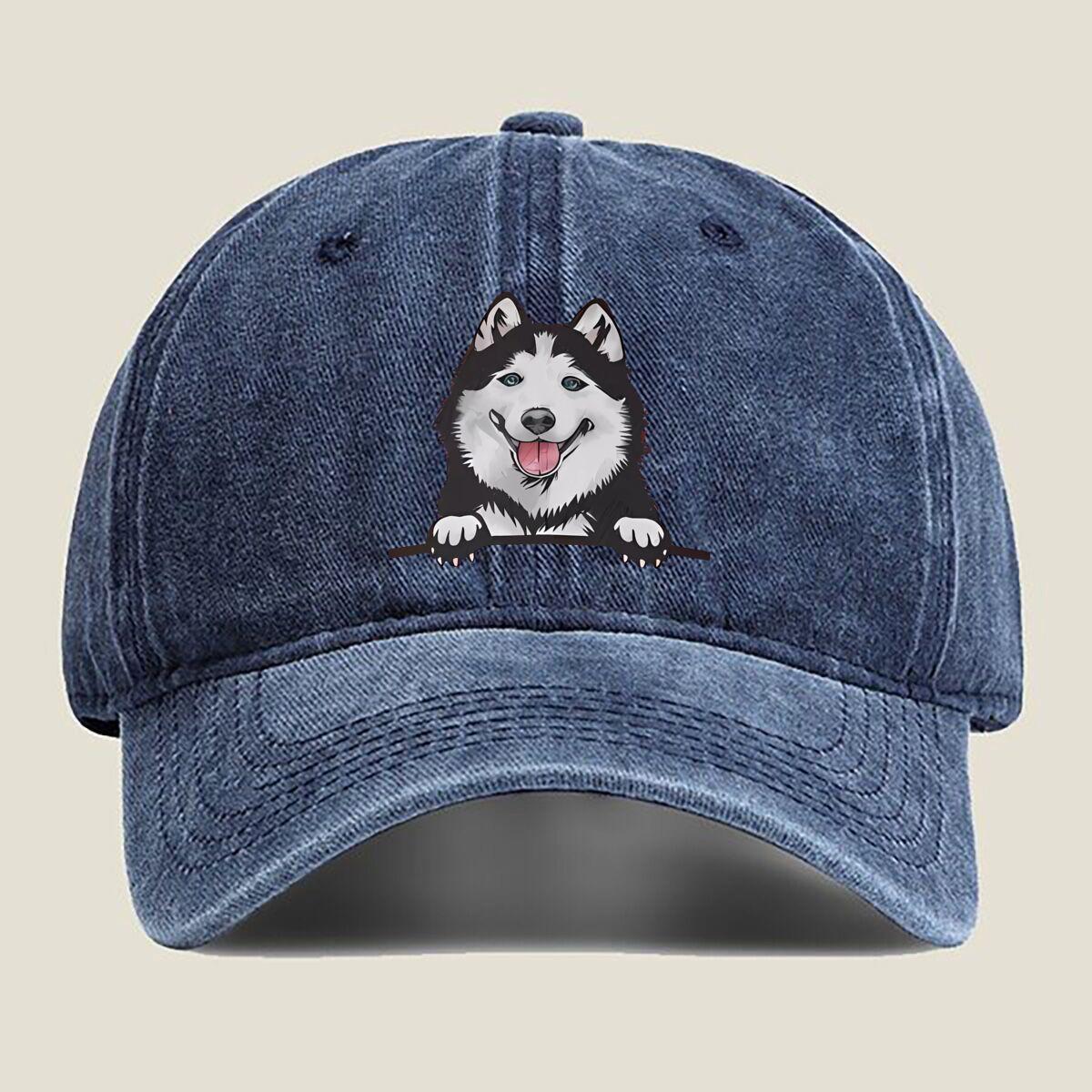 

Happy Husky Portrait Fashion Washed Baseball Cap Hat Outdoor Activities One Size темно-синього кольору