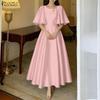 Women Casual Round Neck Half Sleeve Loose Elegant Satin Dress