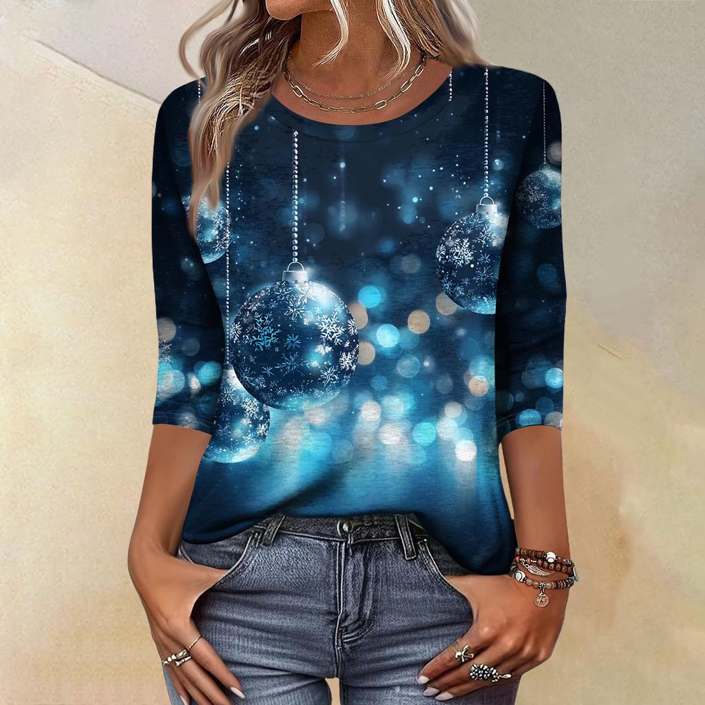 Women's Fashion Casual Christmas Tree Printed Round Neck Three-Quarter Sleeve T-Shirt Top