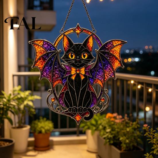 Spooky Farmhouse Party Supplies Halloween Bat Cat Suncatcher, Stained Glass Style Acrylic Sun Catcher, Gothic Dark Aesthetic Room Decor Black Hanging