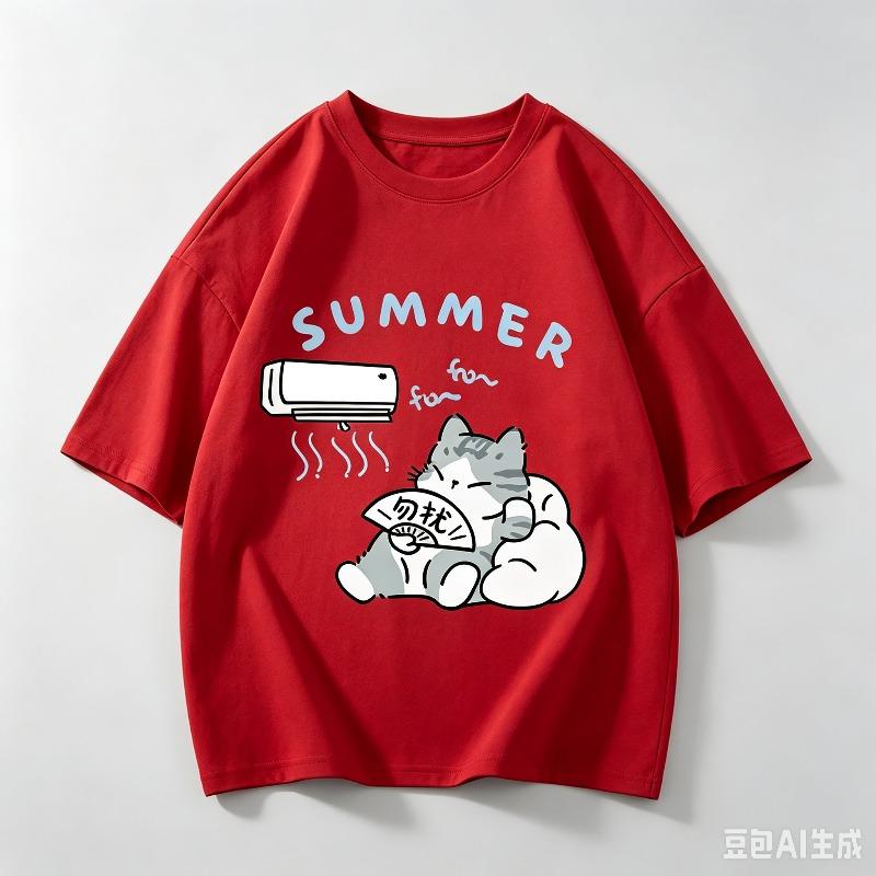 New Cotton Summer Unisex Oversize Tshirt Korean Casual Loose Style Kitten Blowing Fan Print Tshirt Suitable For Both Unisex Unisex