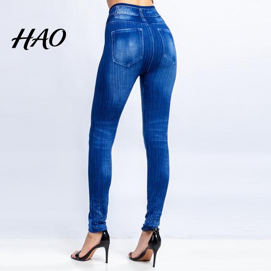 Fake Jeans Imitation Leggings Printed Super Elastic Women Faux Denim Pants High Waist Butt Lift Cropped Streetwear