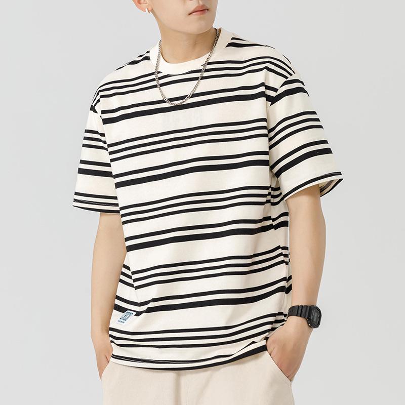 Sailor Style Japanese Striped Cotton Short Sleeve Men's T-Shirt: Loose Fit for Couples & Teens
