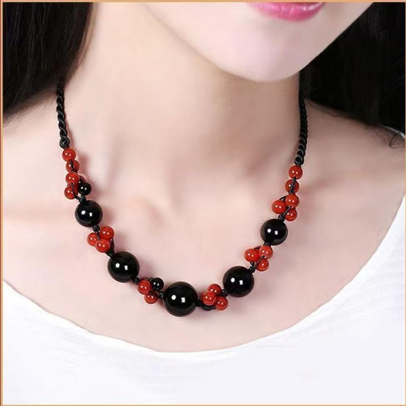 GEMCHIC Women s New Chinese Style Retro Collarbone Necklace Handmade Woven Red and Black Crystal Beads Ethnic Choker Jewelry