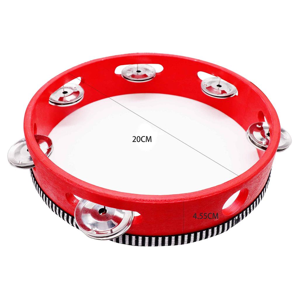 DINGEE Tambourine with Skin, Set of 2, Hand Drum with 6 Jingle Bells, Handheld Educational Percussion Instrument, Approx. 20cm Diameter, Includes
