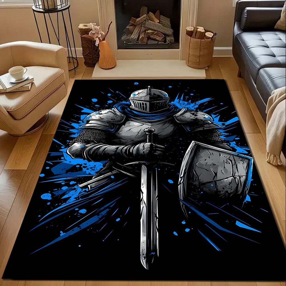 Knight In Shining Armor with Shield Patterned Carpet, Non Slip Mat Suitable for Living Room and Bedroom Sofas
