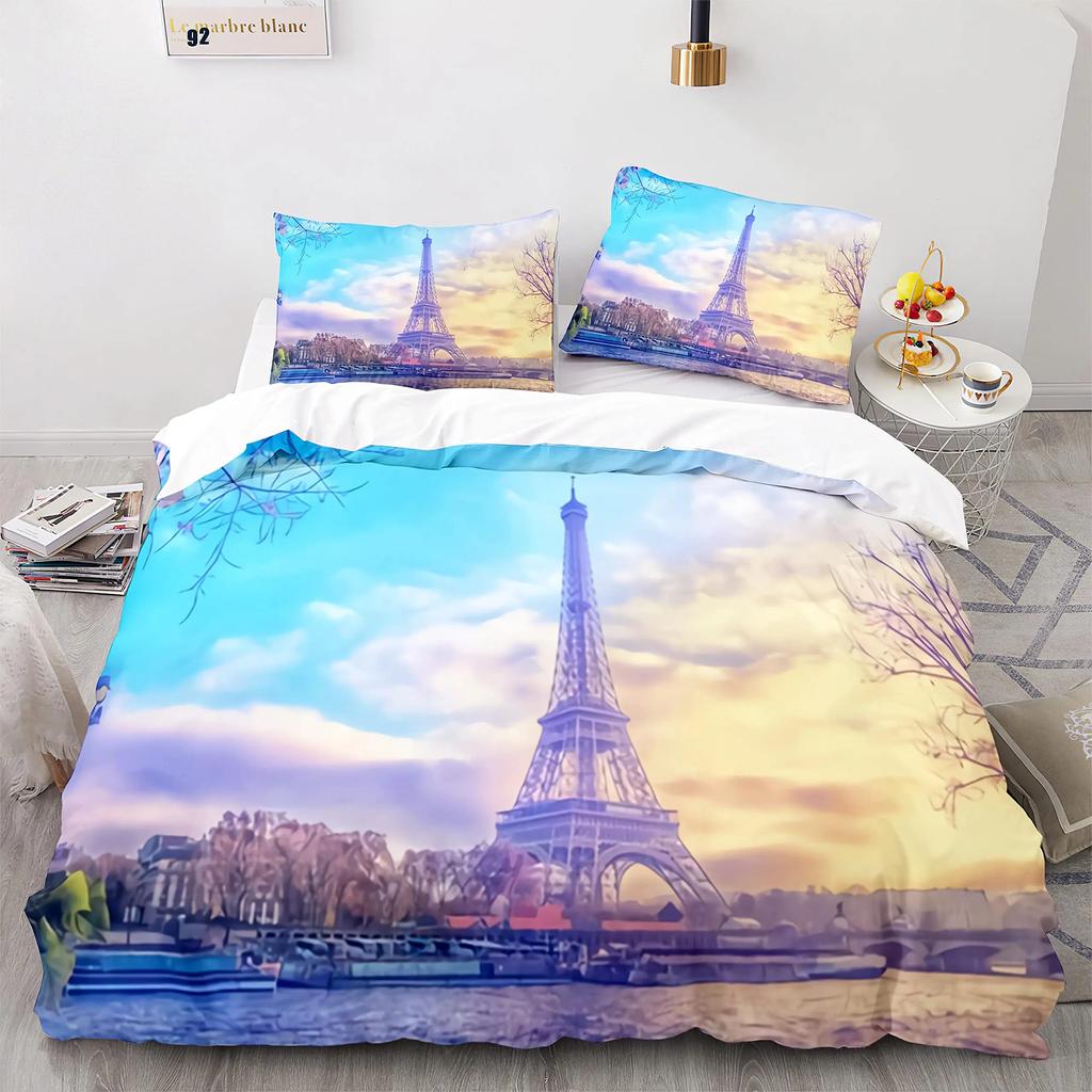 Eiffel Tower Duvet Cover Set King Size Paris Cityscape Twin Bedding Set Modern French Style Polyester Comforter Cover Boys Girls