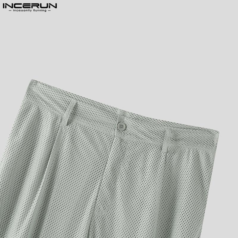 INCERUN Men Zip-up Waist Hollow See Through Casual Long Pants Trousers