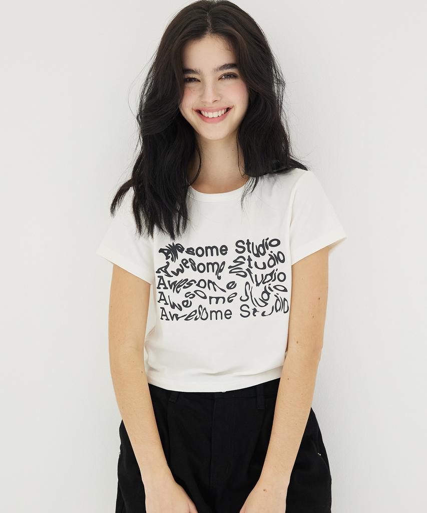 AWESOME STUDIO Wave Lettering Crop Slim Short Sleeve T-Shirt Ivory
