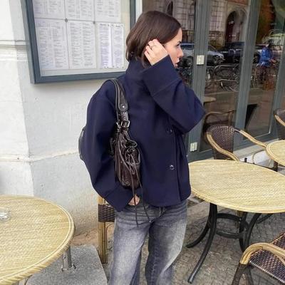 Women's Dark Blue High Neck Short Casual Jacket