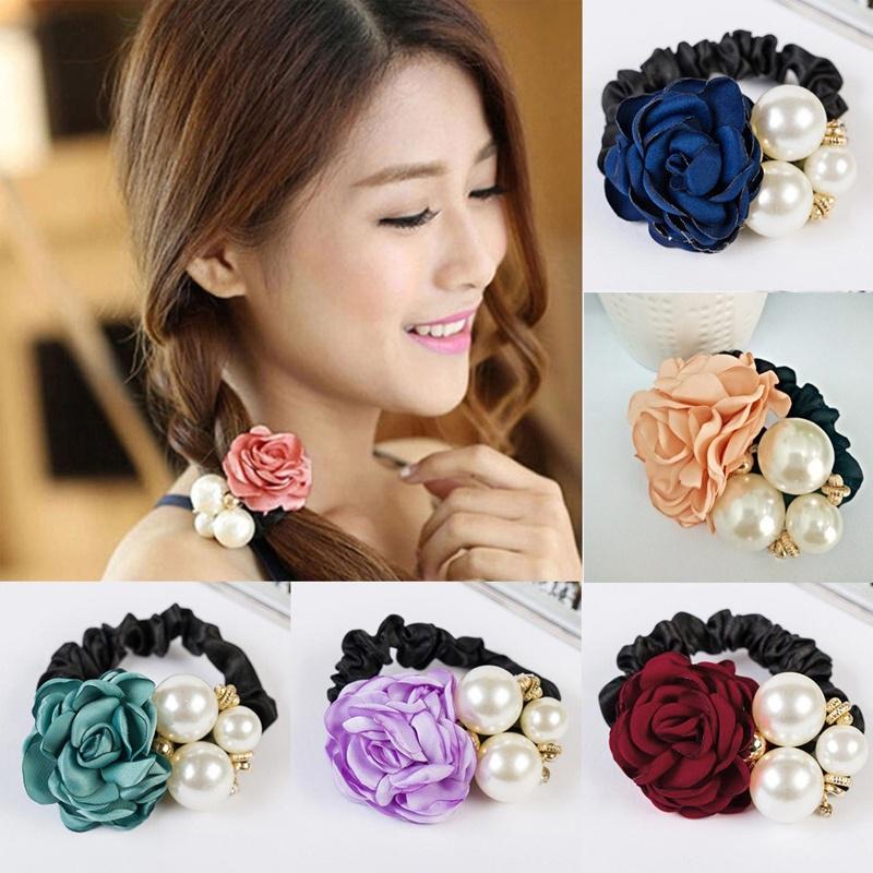 Lady Stylish Sweet Style Faux Pearl Rose Flower Hair Rope Elastic Hair Ring BM