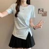 Women's Solid Round Neck Short Sleeve T-Shirt Irregular Twist Split Hem Slim Fit Summer Casual Tee S-XL